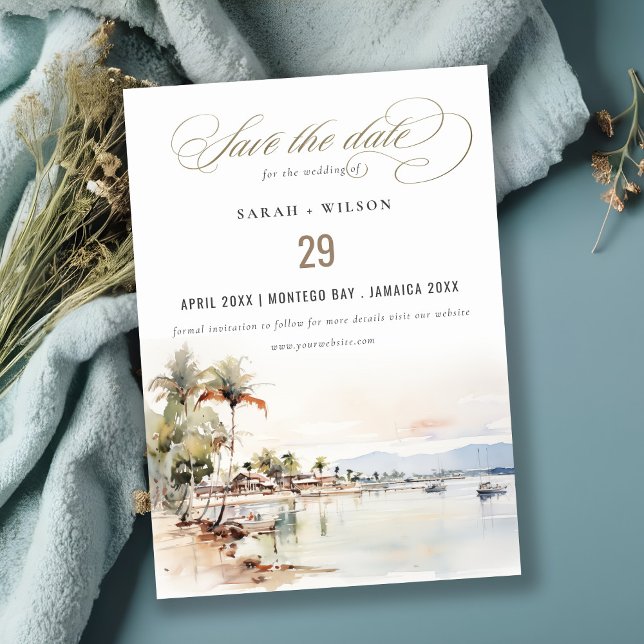 Montego Bay Jamaica Watercolor Landscape Wedding Save The Date (Creator Uploaded)