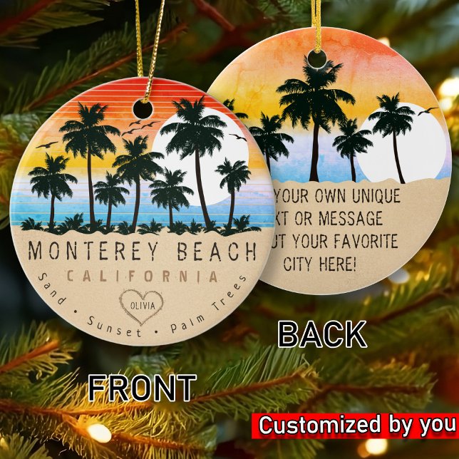 Monterey Beach California Retro Sunset Palm tree Ceramic Ornament (Creator Uploaded)