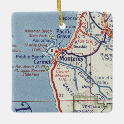 Monterey CA 50s Map Ceramic Ornament