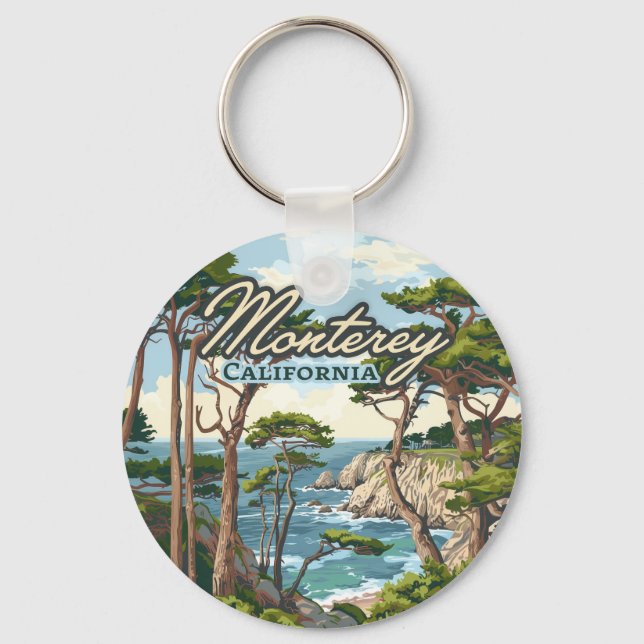 Monterey California Cypress Trees Ocean Coast Keychain (Front)