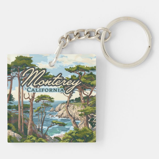 Monterey California Cypress Trees Ocean Coast Keychain (Back)