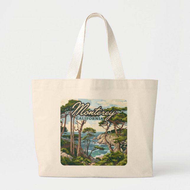 Monterey California Cypress Trees Ocean Coast Large Tote Bag (Front)