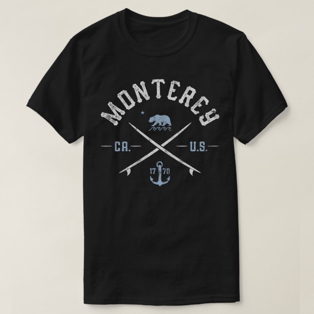 Monterey California Vintage Surfing Bay Beach Arts T-Shirt (Design Front)