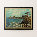 Monterey California Vintage Travel Jigsaw Puzzle<br><div class="desc">Monterey California design in Vintage Travel style featuring a coastal scene with the Pacific ocean and scenic rocky shore of California.</div>