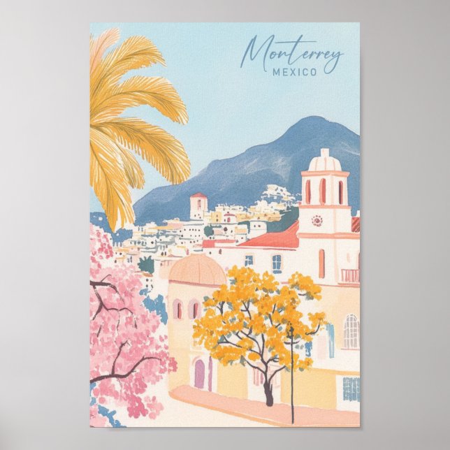 Monterrey Mexico Gouache Paint Illustration Travel Poster (Front)