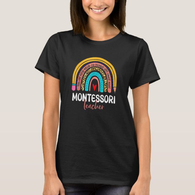Montessori Teacher Leopard Rainbow Back To School  T-Shirt (Front)