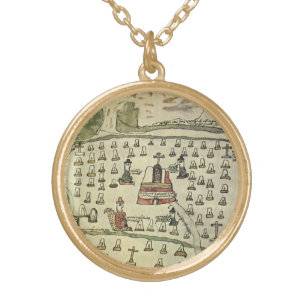 Montezuma's Aztec Empire, Antique World Map, 1577 Gold Plated Necklace