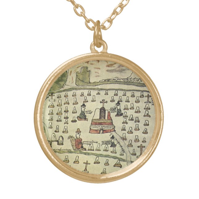 Montezuma's Aztec Empire, Antique World Map, 1577 Gold Plated Necklace (Front)