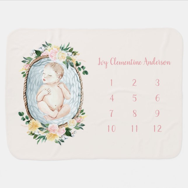 Month milestone girly baby gift baby blanket (Horizontal)