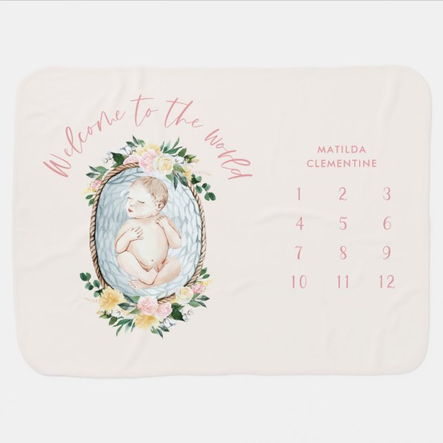 Month milestone girly baby gift baby blanket (Horizontal)