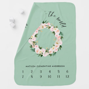 Month milestone girly peach floral script baby blanket