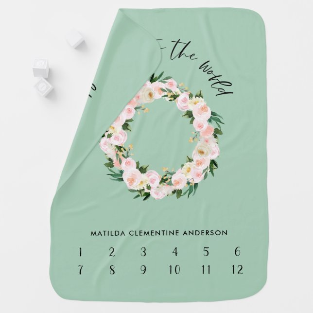 Month milestone girly peach floral script baby blanket (In Situ)