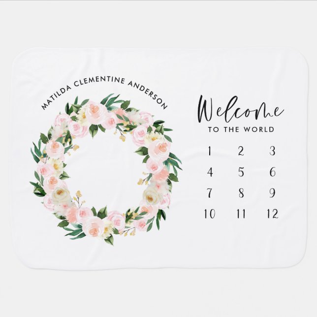 Month milestone girly pink floral girly baby gift blanket (Horizontal)