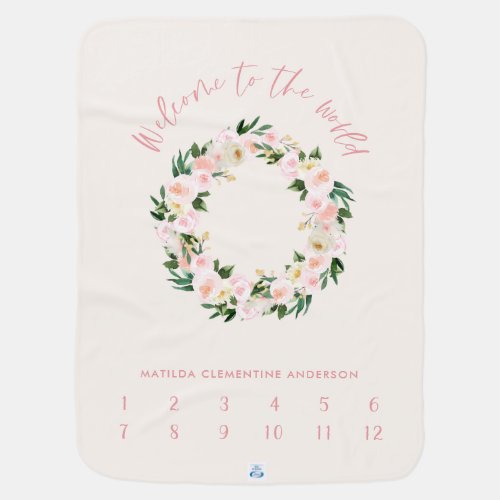 Month milestone girly pink floral script baby gift baby blanket
