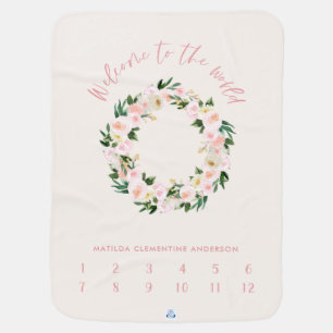 Month milestone girly pink floral script baby gift blanket