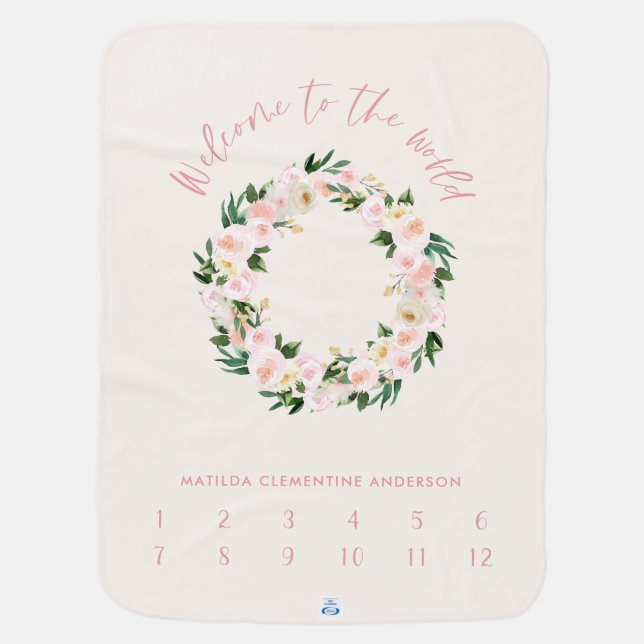 Month milestone girly pink floral script baby gift blanket (Back)
