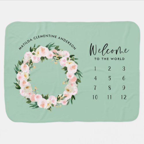 Month milestone green girly floral girly baby gift baby blanket