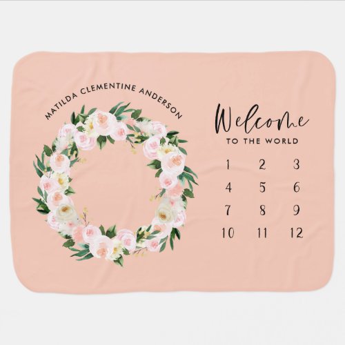 Month milestone peach girly floral girly baby gift baby blanket