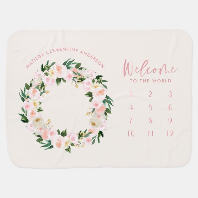 Month milestone pink floral girly baby gift blanket (Horizontal)