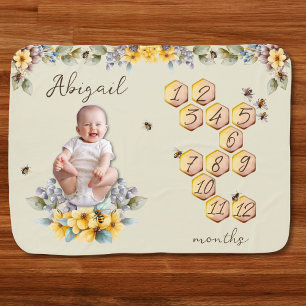 Month Milestone Watercolor Bees Flower & Honeycomb Baby Blanket