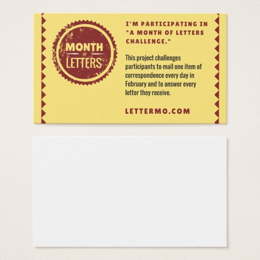 Month of Letters Challenge explanation card (Front & Back)