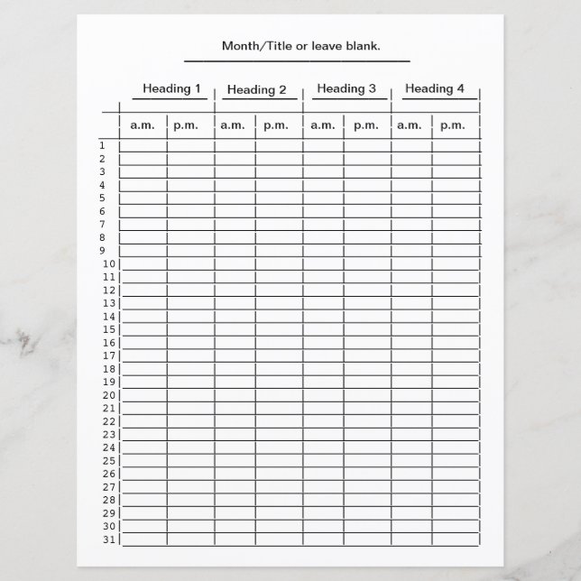 Monthly 4 column chart for a.m. p.m. charts (Front)