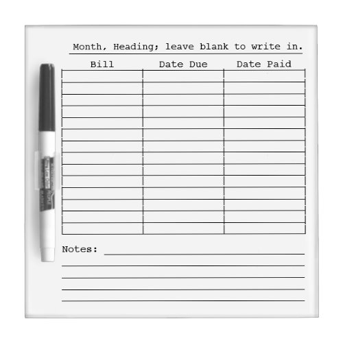 Monthly Bill Paying Chart Dry Erase Boards