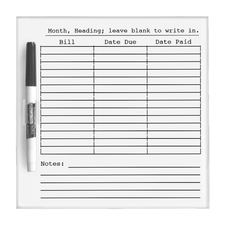 Monthly bill paying chart dry erase boards zazzle