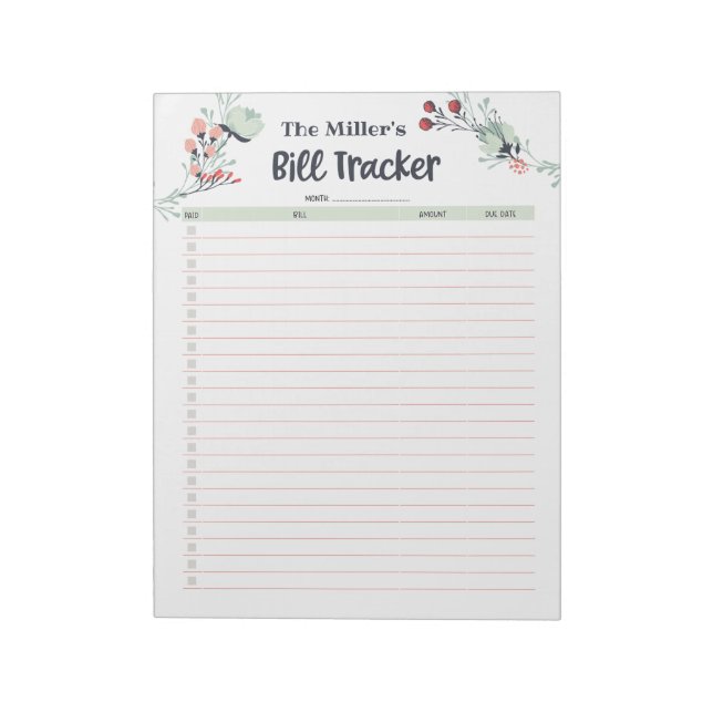 Monthly Bill Tracker in Cute Floral Style Notepad (Rotated)