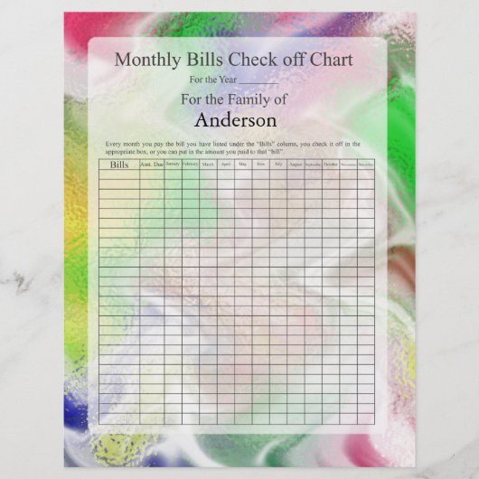 Monthly Bills Check off Chart Fuzzy Colors Design (Front)