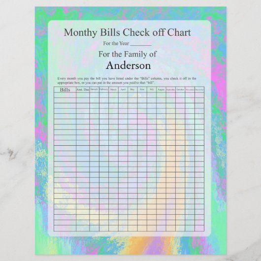 Monthly Bills Check off Chart Pastel Design (Front)