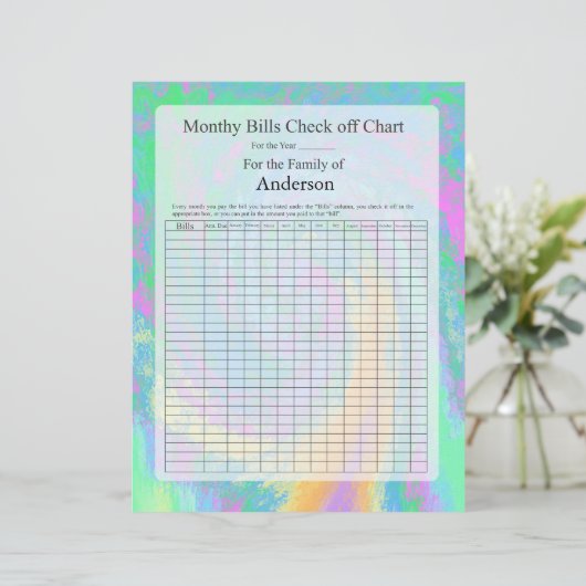 Monthly Bills Check off Chart Pastel Design (Standing Front)