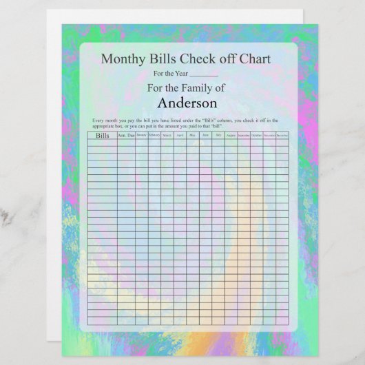Monthly Bills Check off Chart Pastel Design (Front/Back)