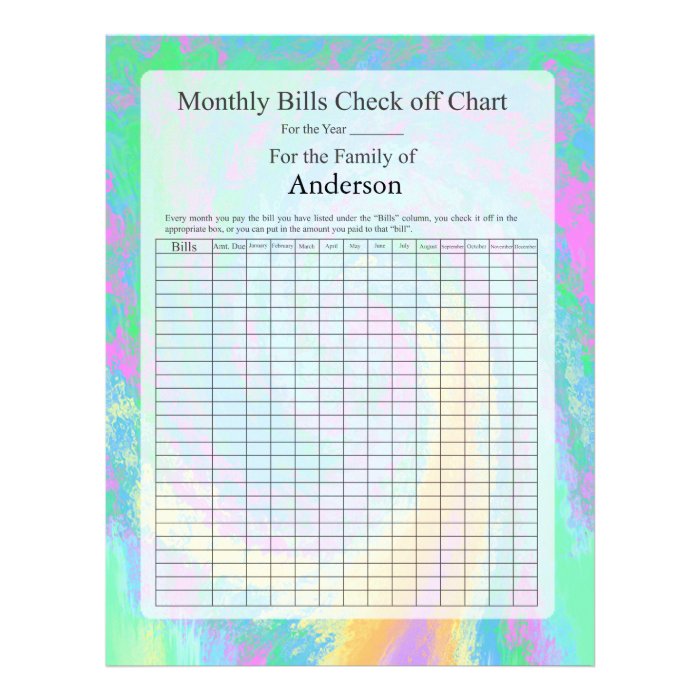 Monthly Bills Check off Chart Pastel Design Letterhead Template