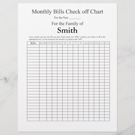 Monthly Bills check off list - Plain (Front)