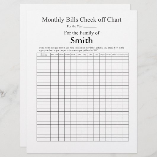 Monthly Bills check off list - Plain (Front/Back)