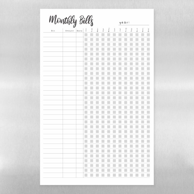 Monthly Bills tracker Magnetic Dry Erase Sheet (Vertical)