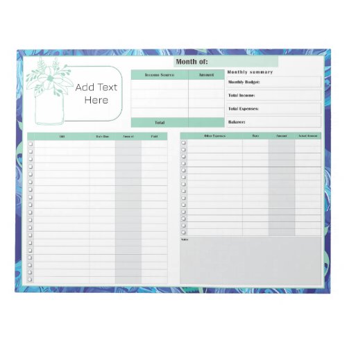 Monthly Budget and Bill Tracker Blue Green Notepad