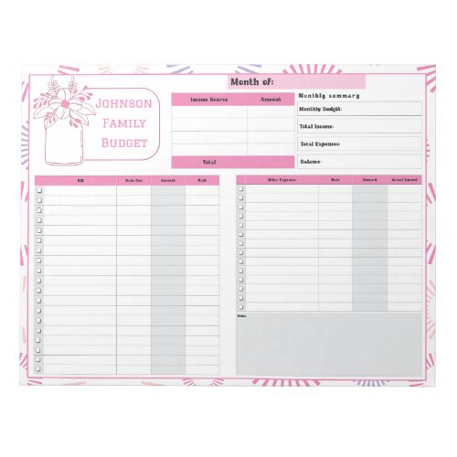 Monthly Budget and Bill Tracker Notepad