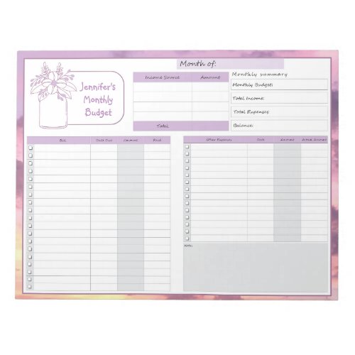 Monthly Budget and Bill Tracker Purple Yellow Notepad