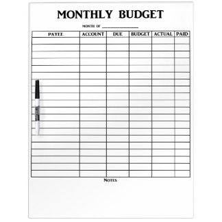 Monthly Budget Dry Erase Board