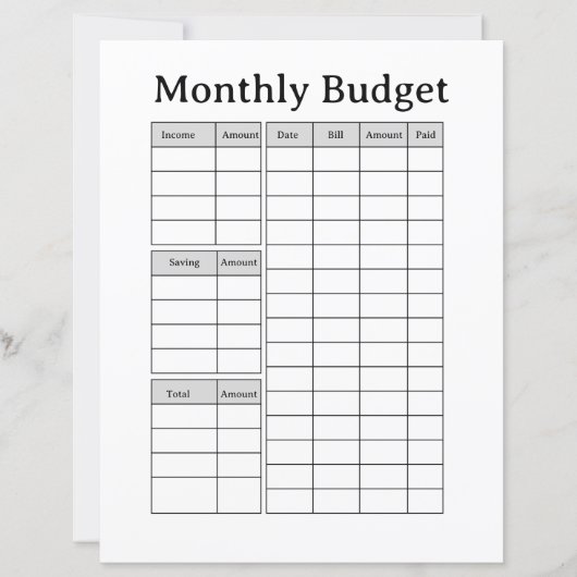 Monthly Budget Tracker Printable  (Front)