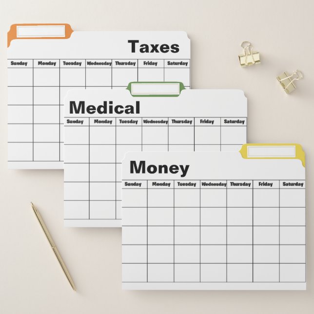 Monthly Calender -Money-Medical-Taxes File Folder (Set)