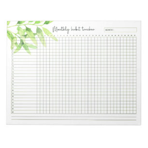 Monthly Habit Tracker Watercolor Green Leaves Notepad