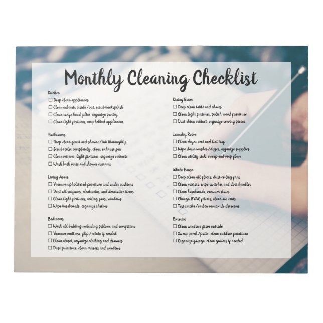 Monthly House Cleaning Checklist Notepad (Front)
