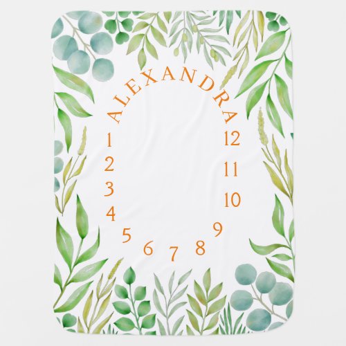 Monthly Milestone Greenery Foliage Watercolor Baby Blanket