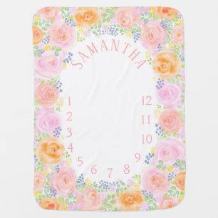 Monthly Milestone Pink Roses Watercolor Floral Baby Blanket