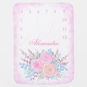 Monthly Milestone Watercolor Bouquet Pink Roses Baby Blanket