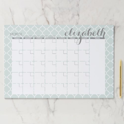 Monthly Planner Mint  Gray Quatrefoil Pattern Paper Pad