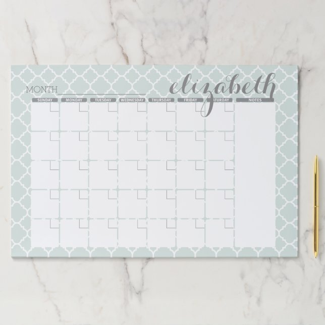 Monthly Planner Mint & Gray Quatrefoil Pattern Paper Pad (Insitu)